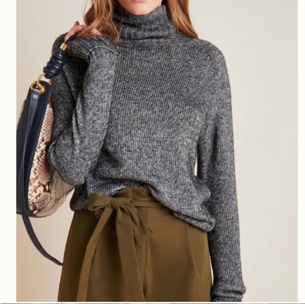 Anthropologie Coretta Metallic Shine Turtleneck Sweater in Black Shimmer Size XS